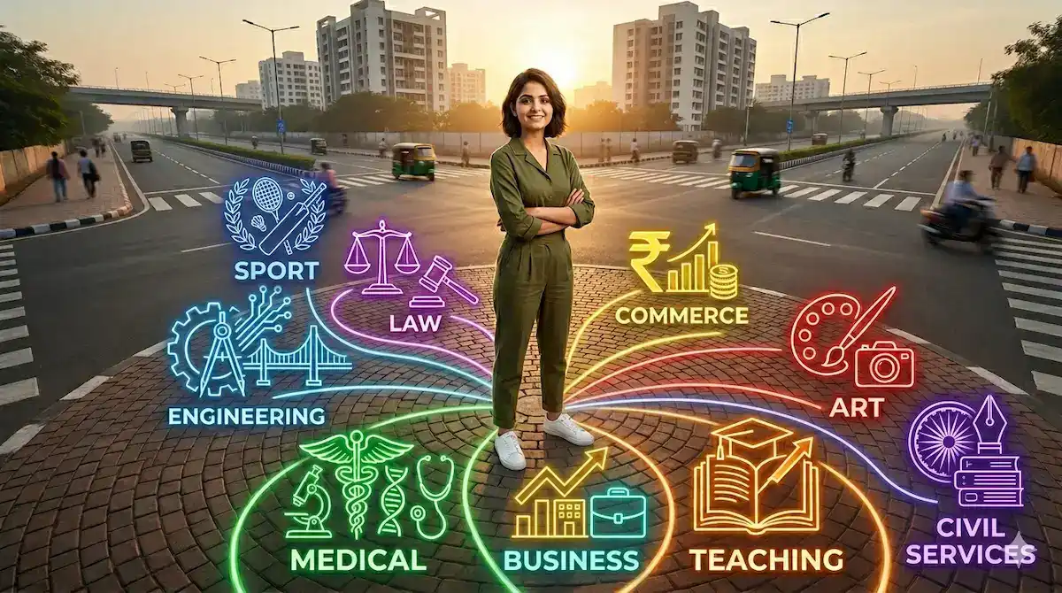 Indian student confidently standing at crossroads — choosing career path after CBSE Class 10