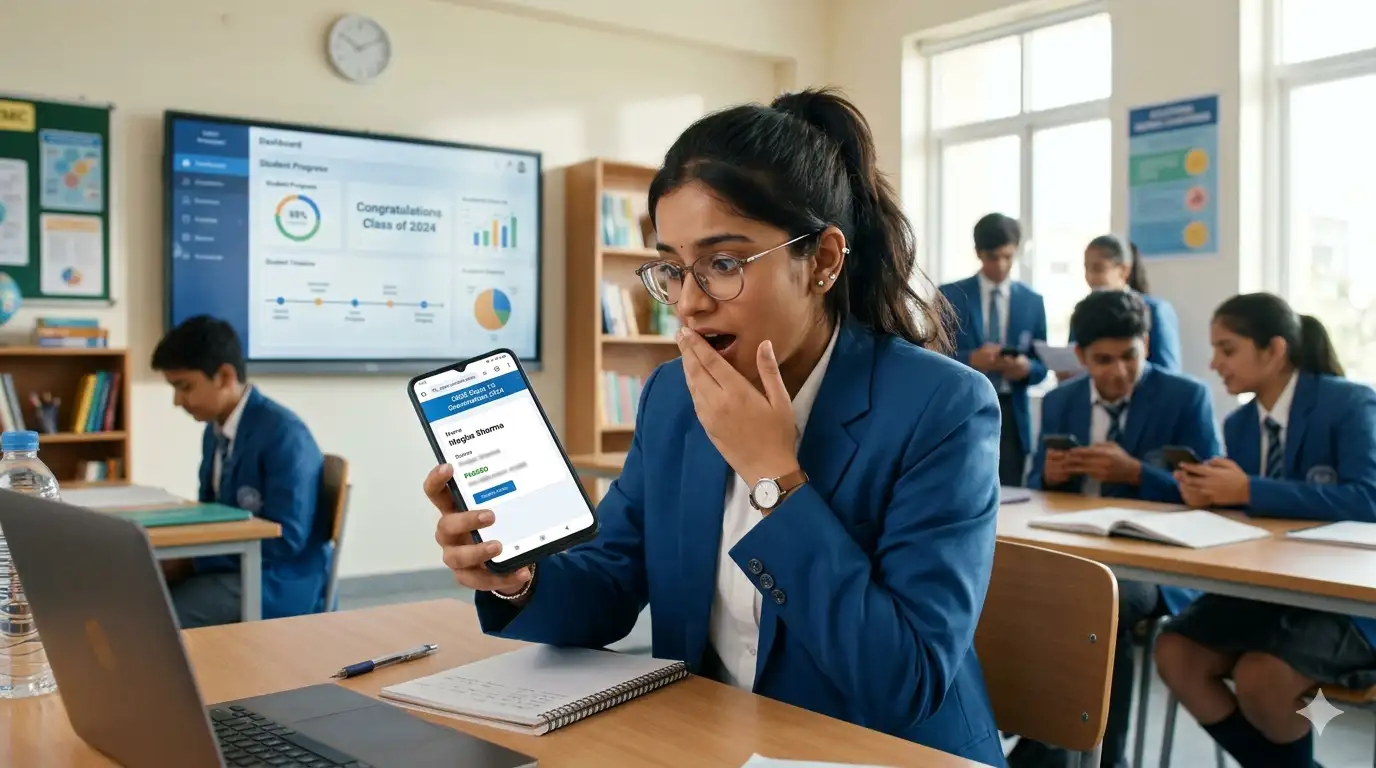 CBSE Class 12 students checking board exam result 2026 on phone