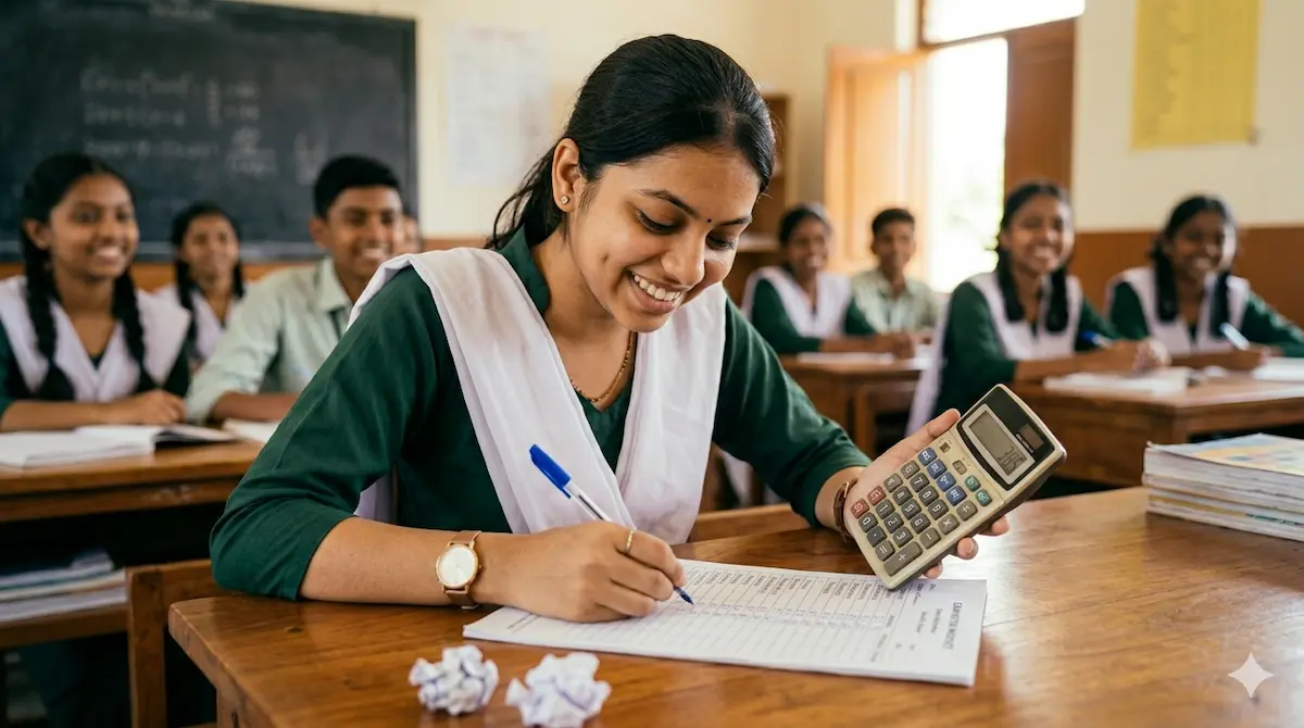 Indian student calculating CBSE Class 10 percentage with calculator in classroom