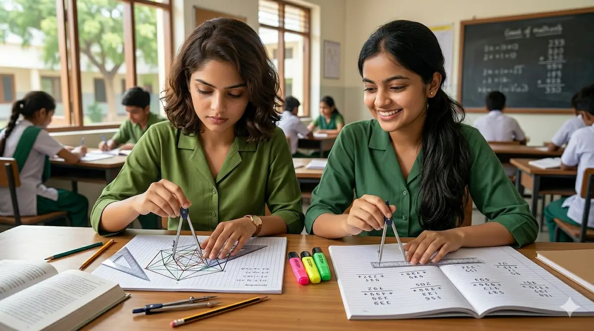 Two CBSE Class 10 students comparing Maths Standard vs Basic — one solving geometry, other solving calculations